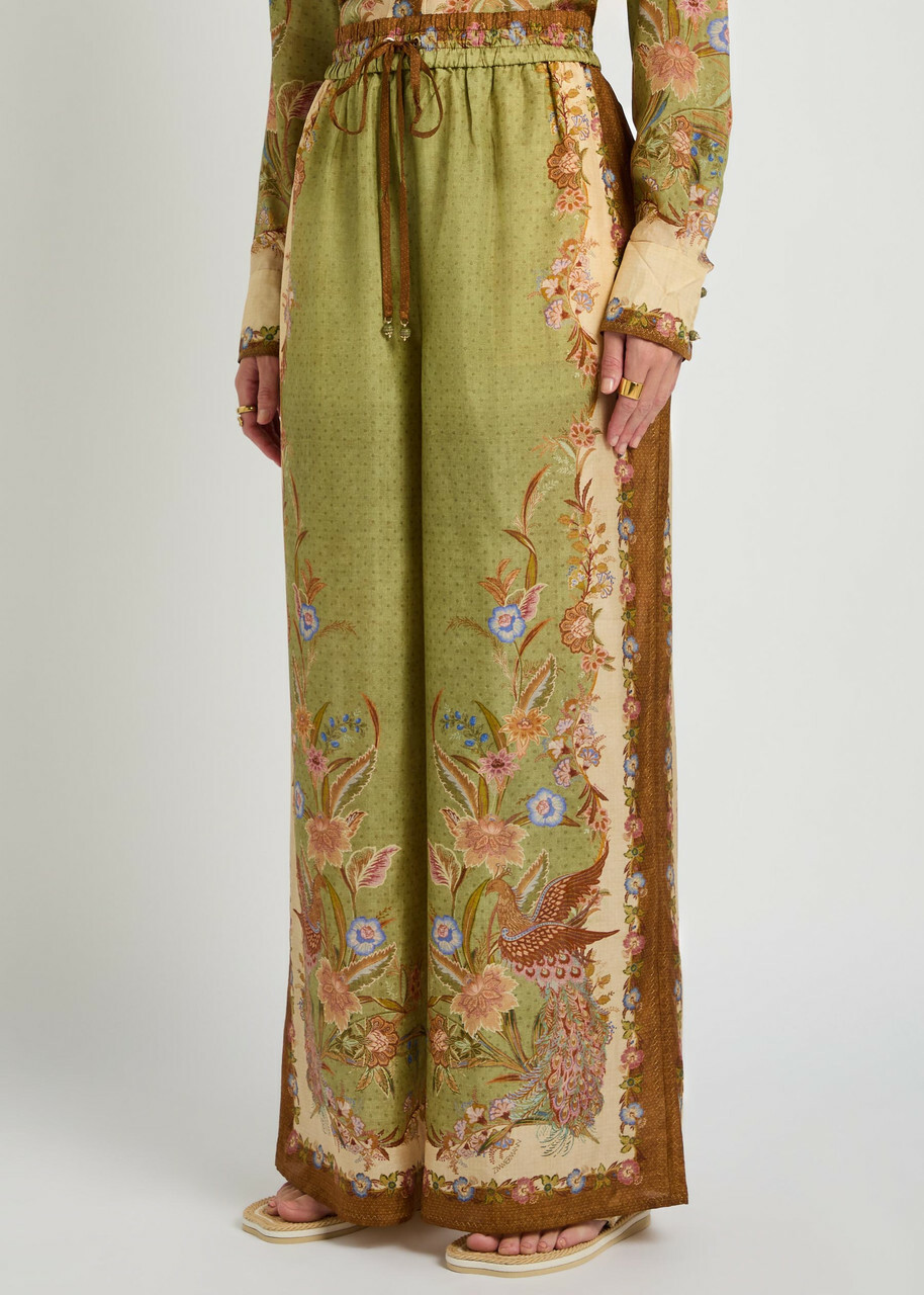 Zimmermann Indra Printed Silk Trousers Khaki