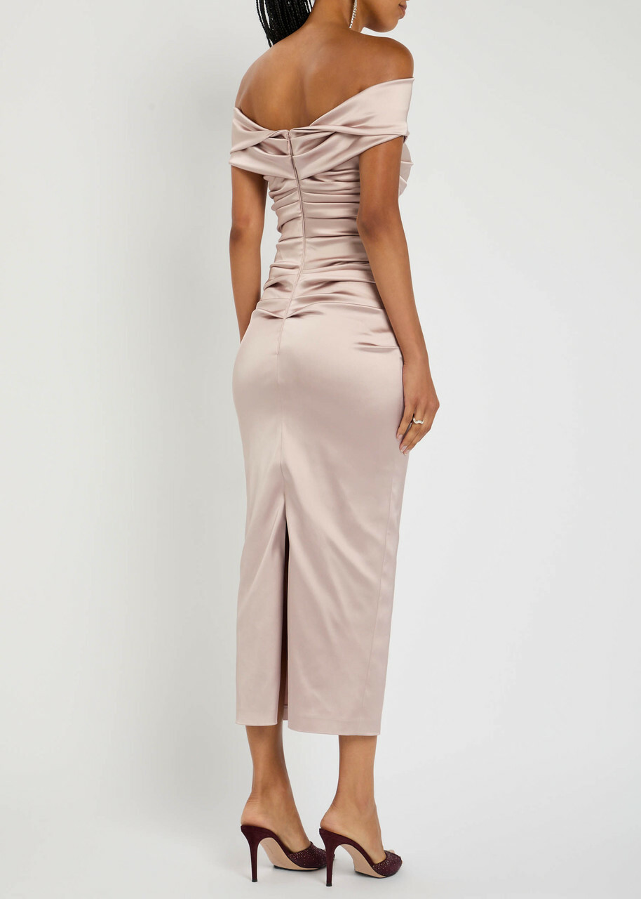 Talbot Runhof Gathered Satin Midi Dress Light Pink