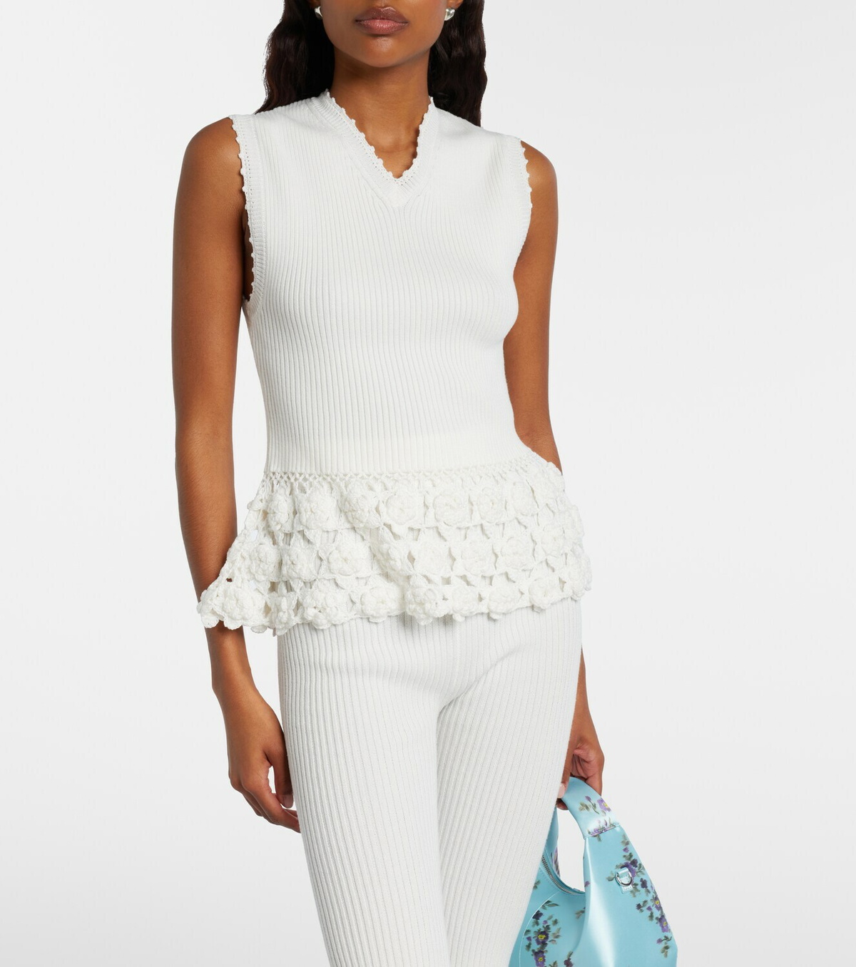 Ganni Crochet-trimmed ribbed cotton-blend top