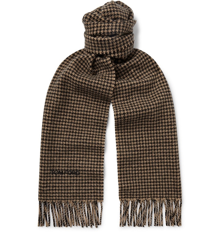 Photo: TOM FORD - Fringed Houndstooth Wool and Cashmere-Blend Scarf - Neutrals