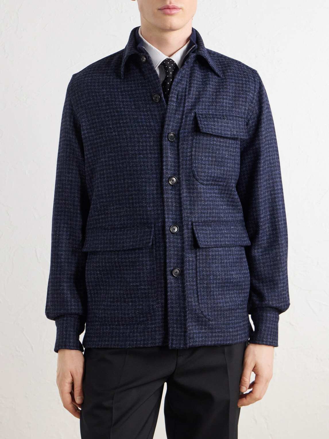 De Petrillo - Houndstooth Virgin Wool Overshirt - Blue