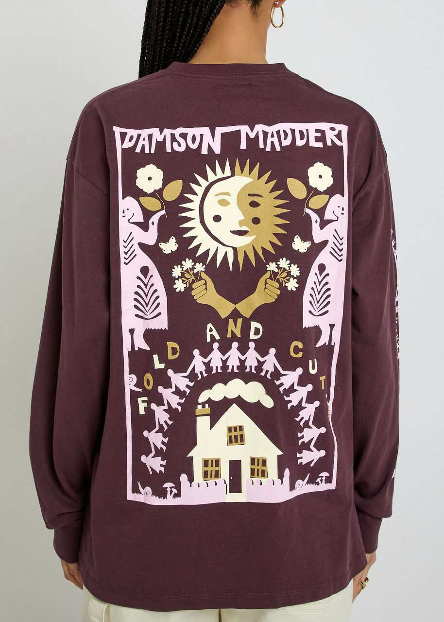 Damson Madder Paper Cut Gals Printed Cotton T-shirt Purple
