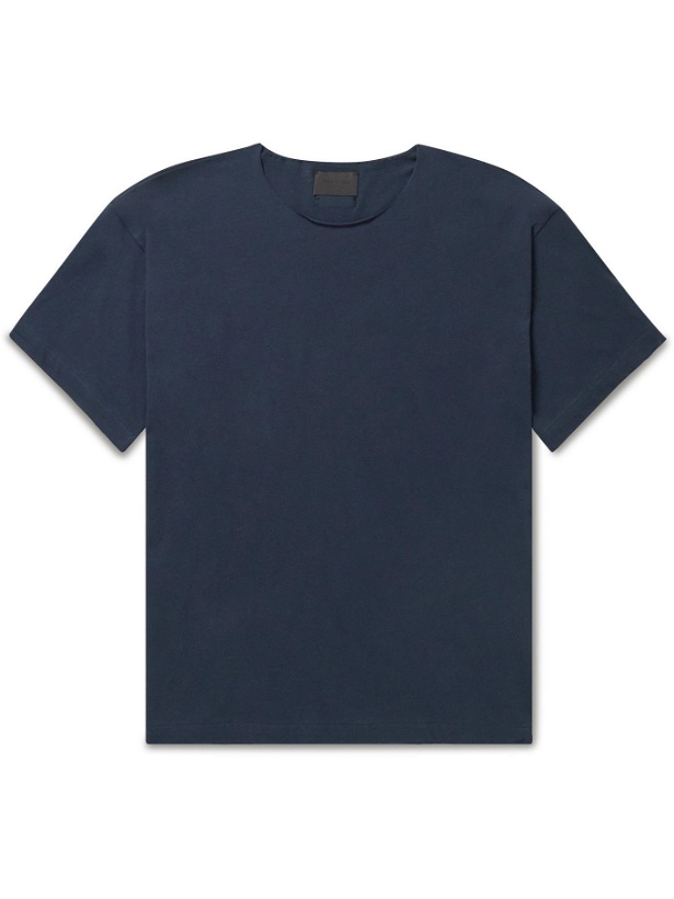 Photo: Fear of God - Distressed Logo-Appliquéd Cotton-Jersey T-shirt - Blue