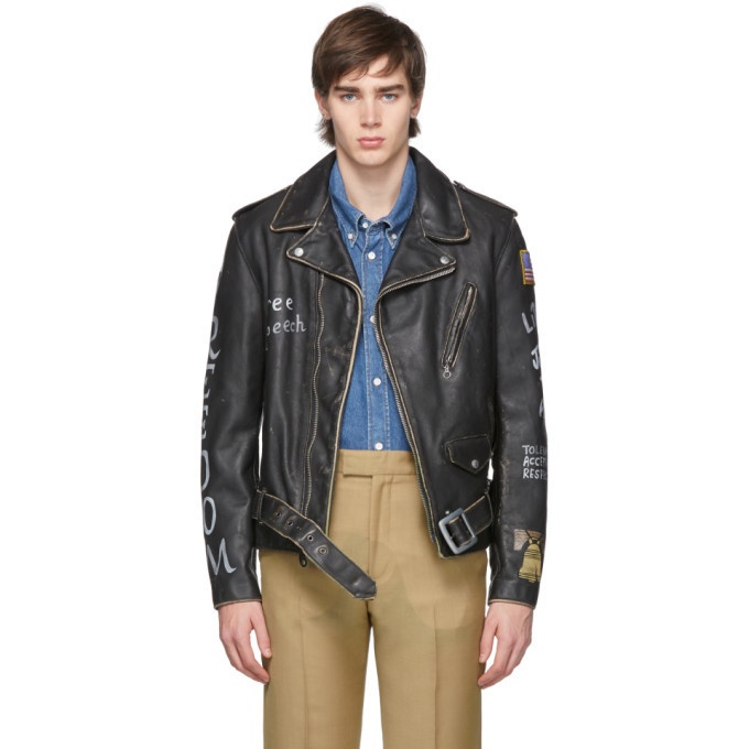 Photo: Schott Black Hand-Painted Leather Fitted Motorcycle Jacket