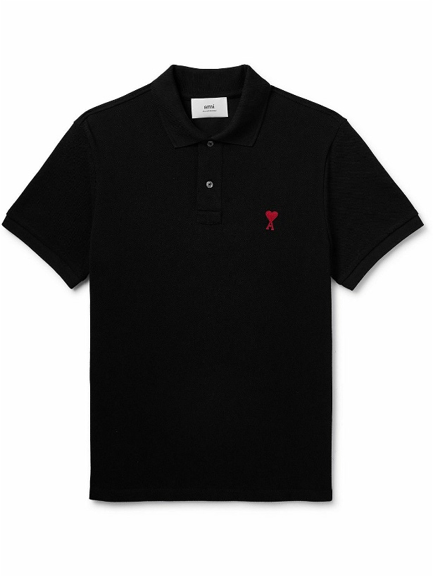 Photo: AMI PARIS - Logo-Embroidered Cotton-Piqué Polo Shirt - Black