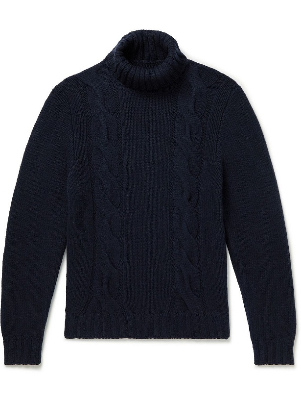 Photo: Anderson & Sheppard - Slim-Fit Cable-Knit Merino Wool Rollneck Sweater - Blue
