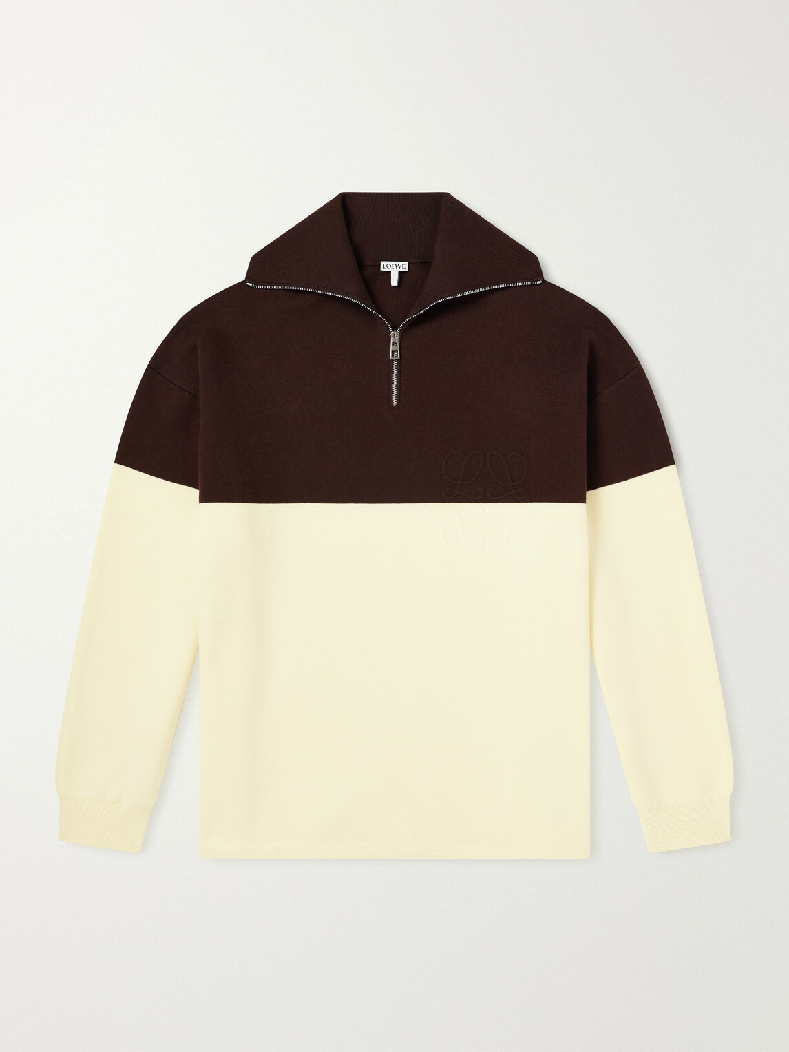 LOEWE - Anagram-Embossed Two-Tone Cotton-Blend Jersey Half-Zip Sweater - Brown