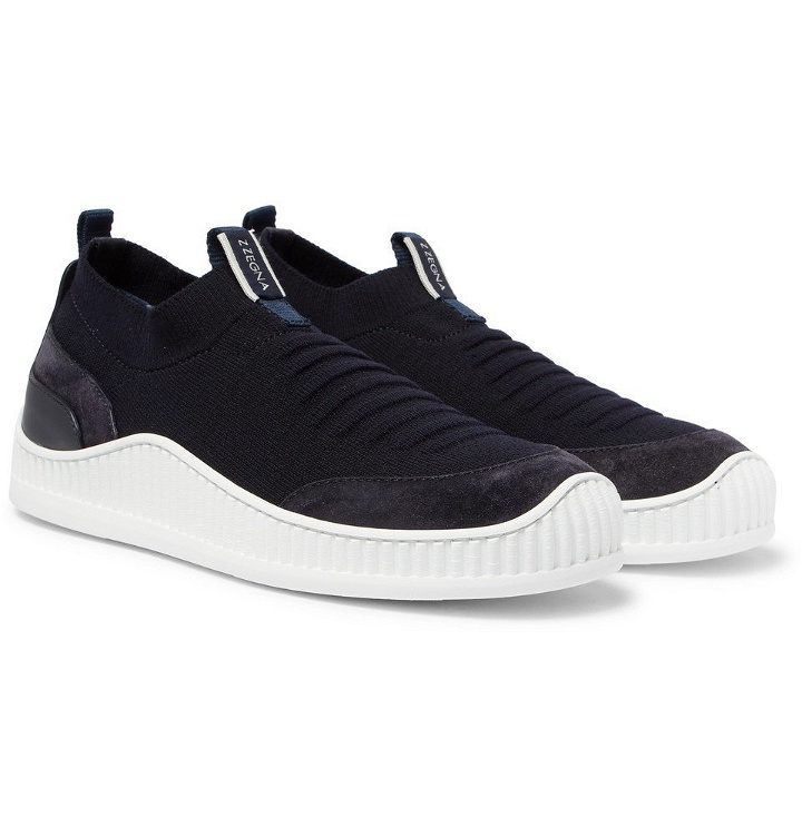 Photo: Z Zegna - Suede, Leather and TECHMERINO Mesh Slip-On Sneakers - Navy
