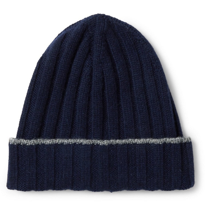 Photo: Brunello Cucinelli - Contrast-Tipped Ribbed Cashmere Beanie - Blue
