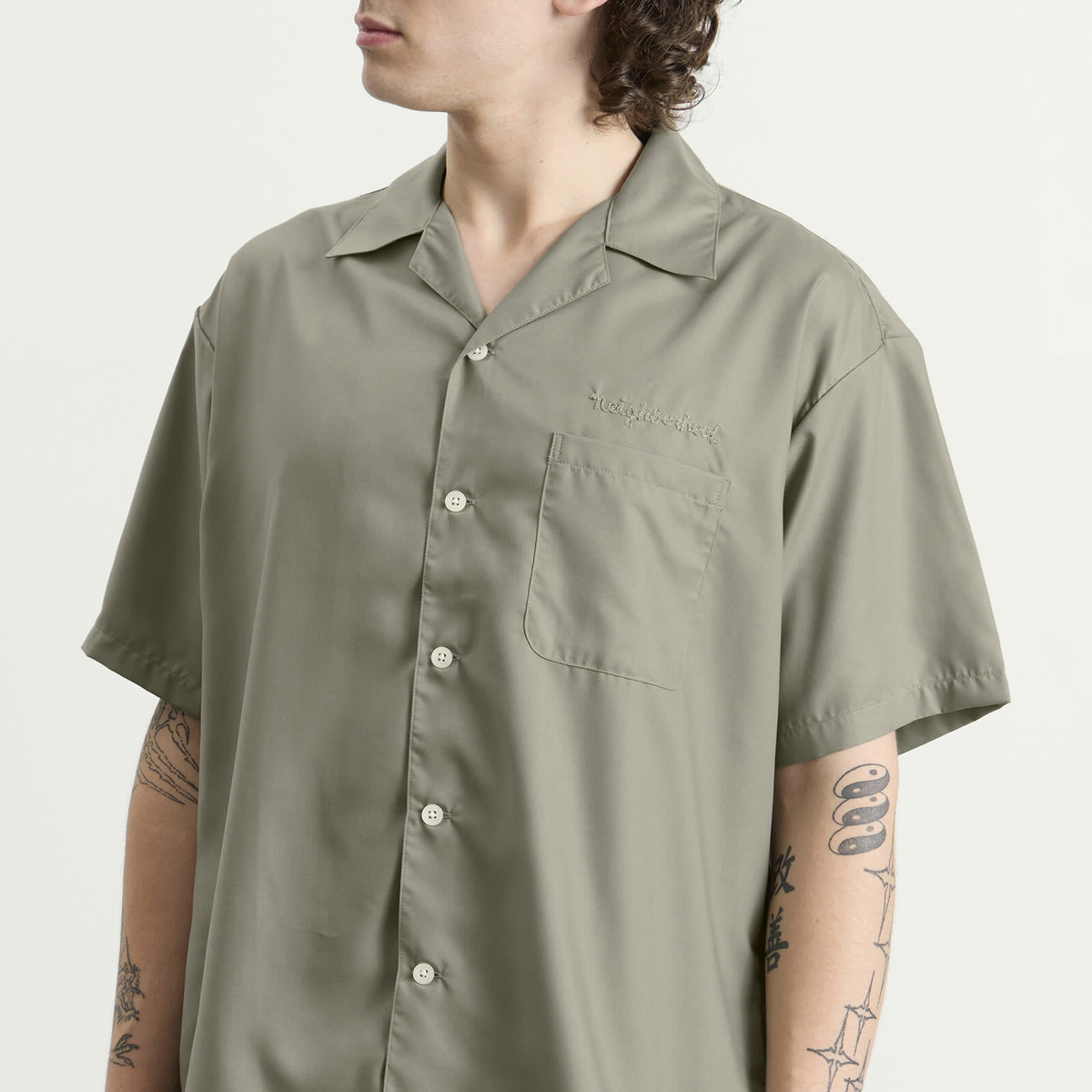 Neighborhood Men's Solid Color Hawaiian Logo Shirt in Sage Green