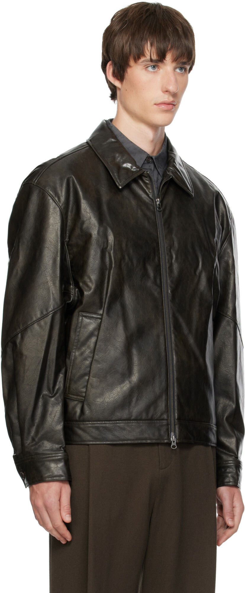 AMOMENTO Black Faux-Leather Bomber Jacket