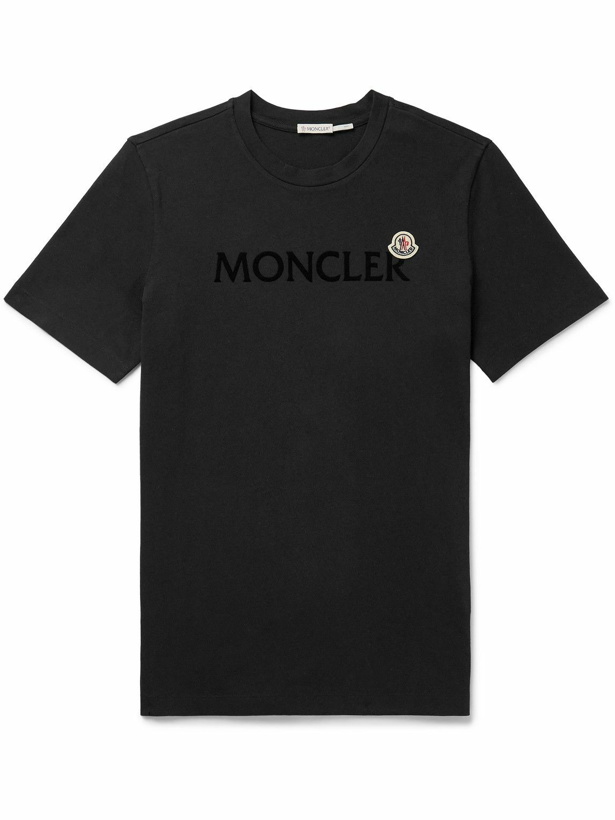 Photo: Moncler - Slim-Fit Logo-Flocked Appliquéd Cotton-Jersey T-Shirt - Black