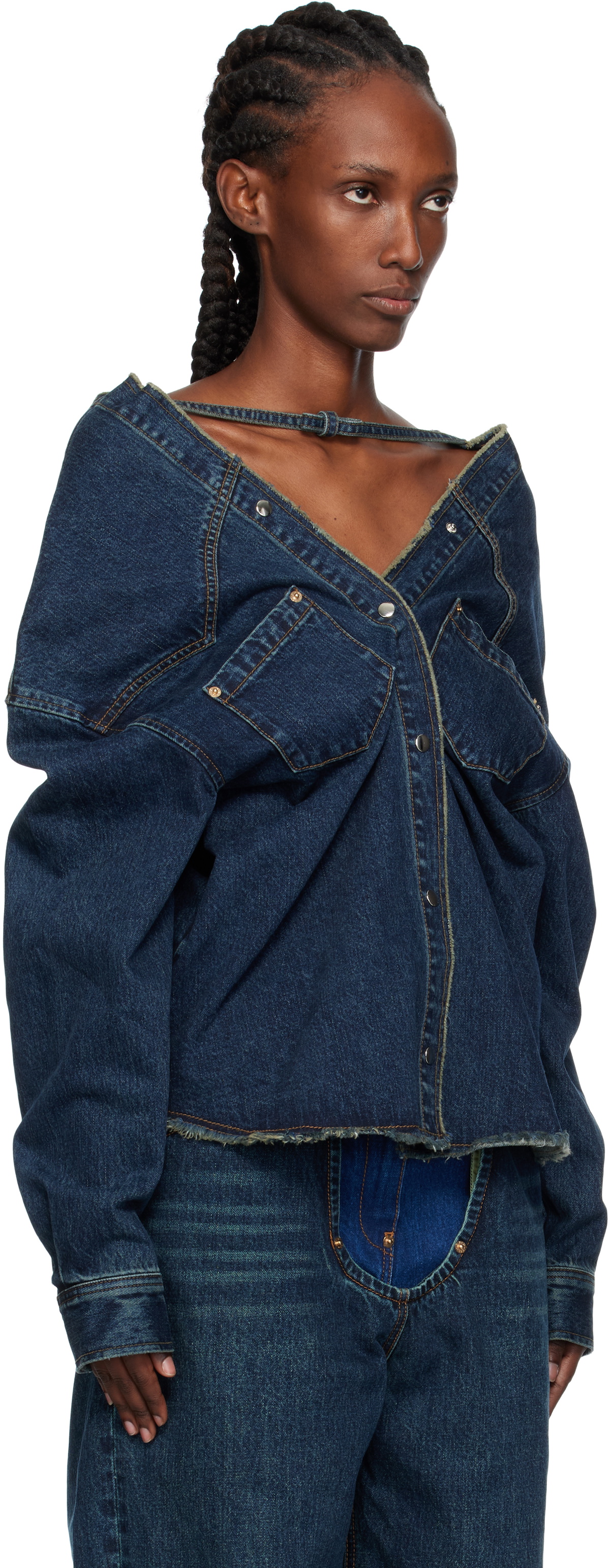 Pushbutton Navy Strap Point Denim Top