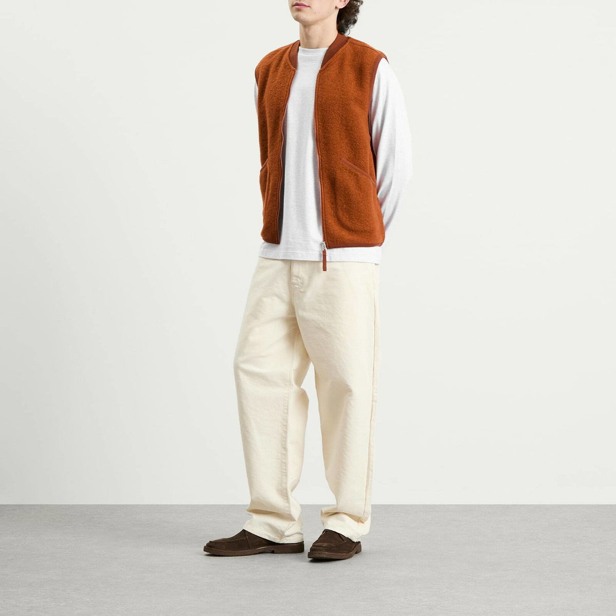 Universal Works Men's Wool Fleece Zip Waistcoat in Rust
