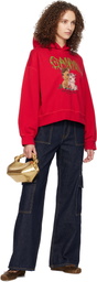 GANNI Red Graphic Cropped Hoodie