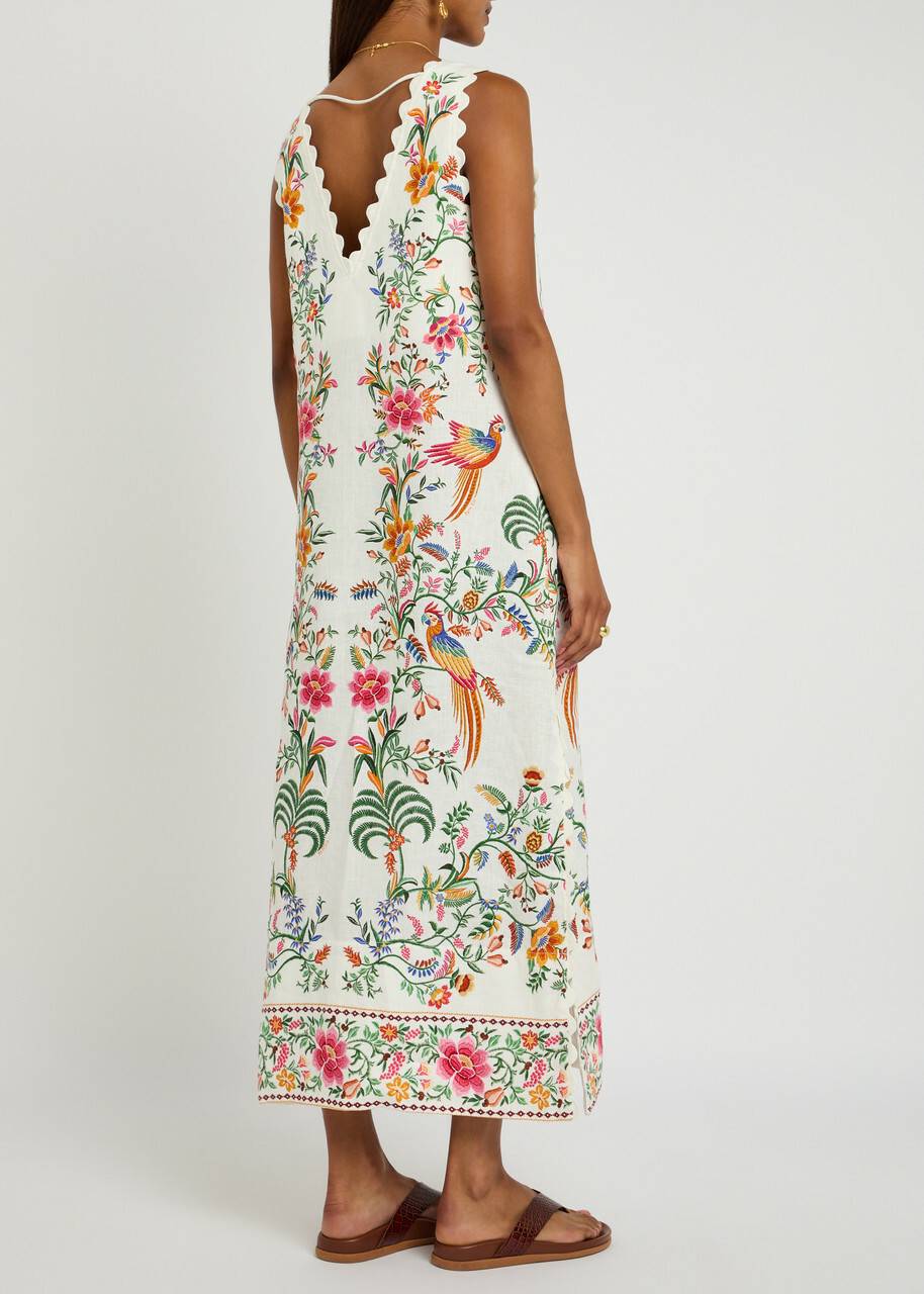 Farm Rio Delicate Forest Printed Linen Maxi Dress White