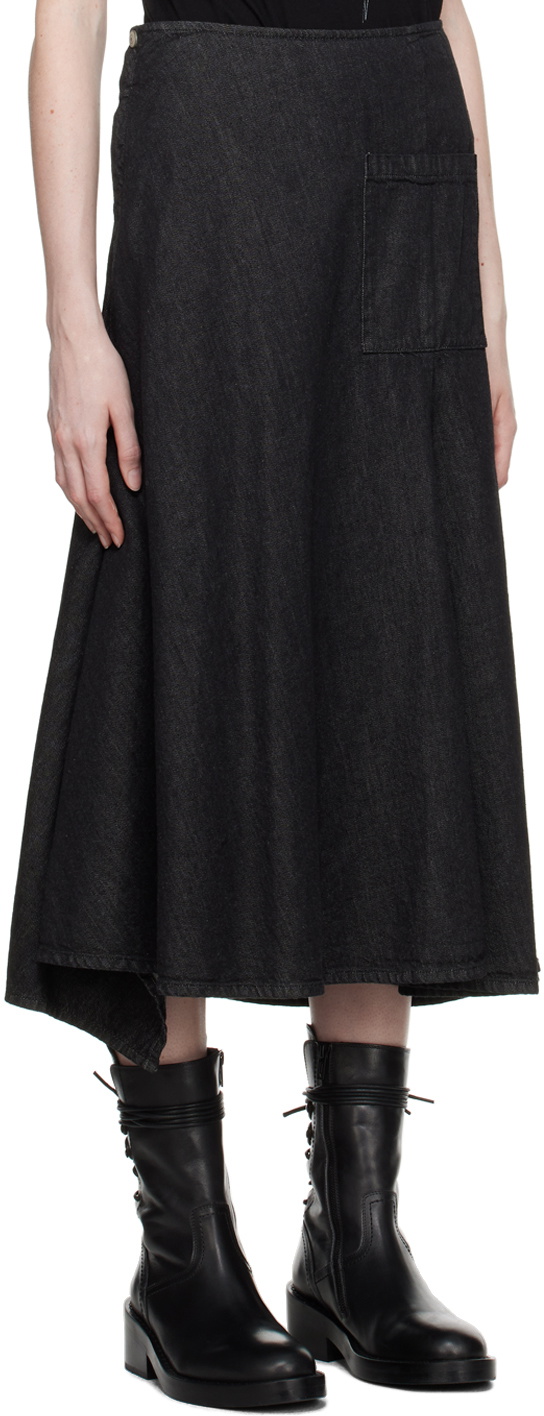 Yohji Yamamoto Black Asymmetrical Denim Midi Skirt