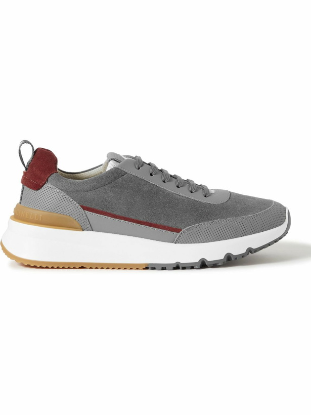 Photo: Brunello Cucinelli - Leather-Trimmed Suede Sneakers - Gray