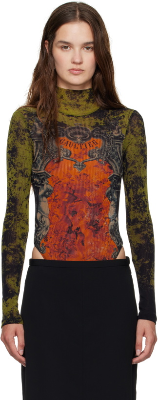 Photo: Jean Paul Gaultier Khaki & Orange 'The Médaillon' Open Back Bodysuit