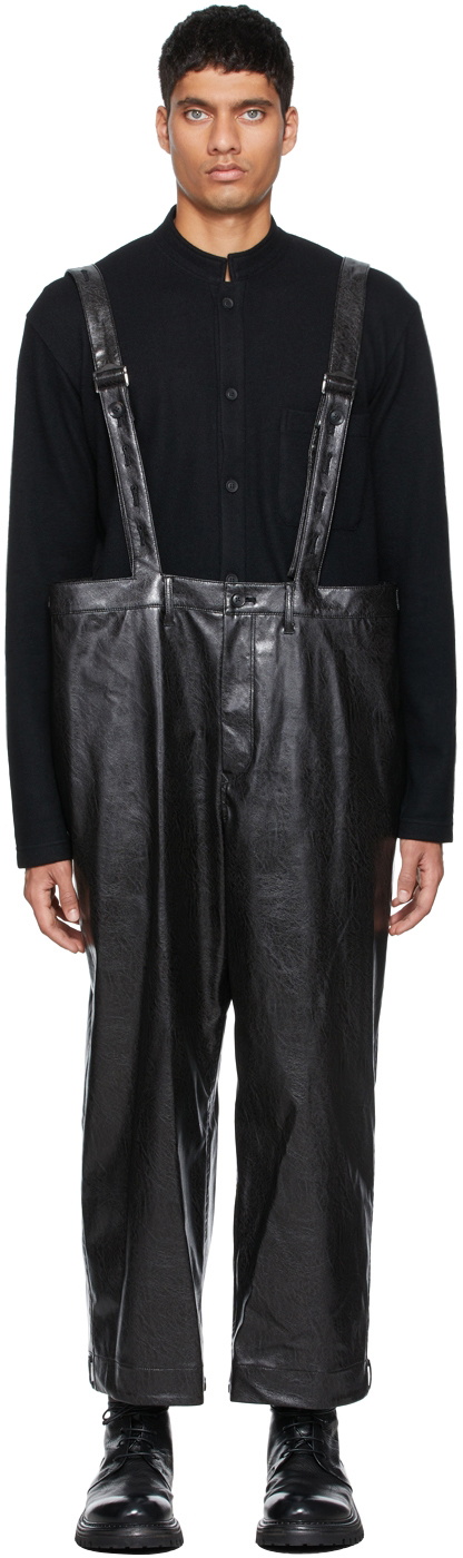 Yohji Yamamoto Black Faux-Leather Fringe Suspender Pants Yohji