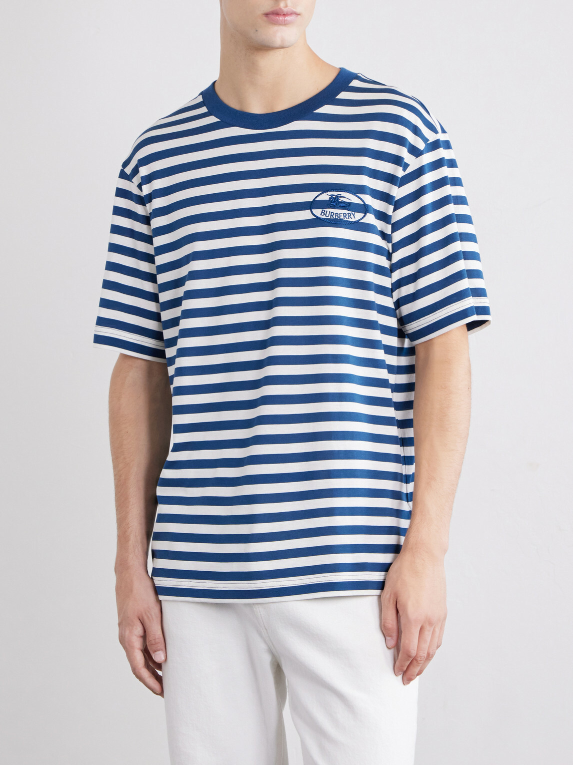Burberry - Ryan Logo-Embroidered Striped Cotton-Blend Jersey T-Shirt - Blue