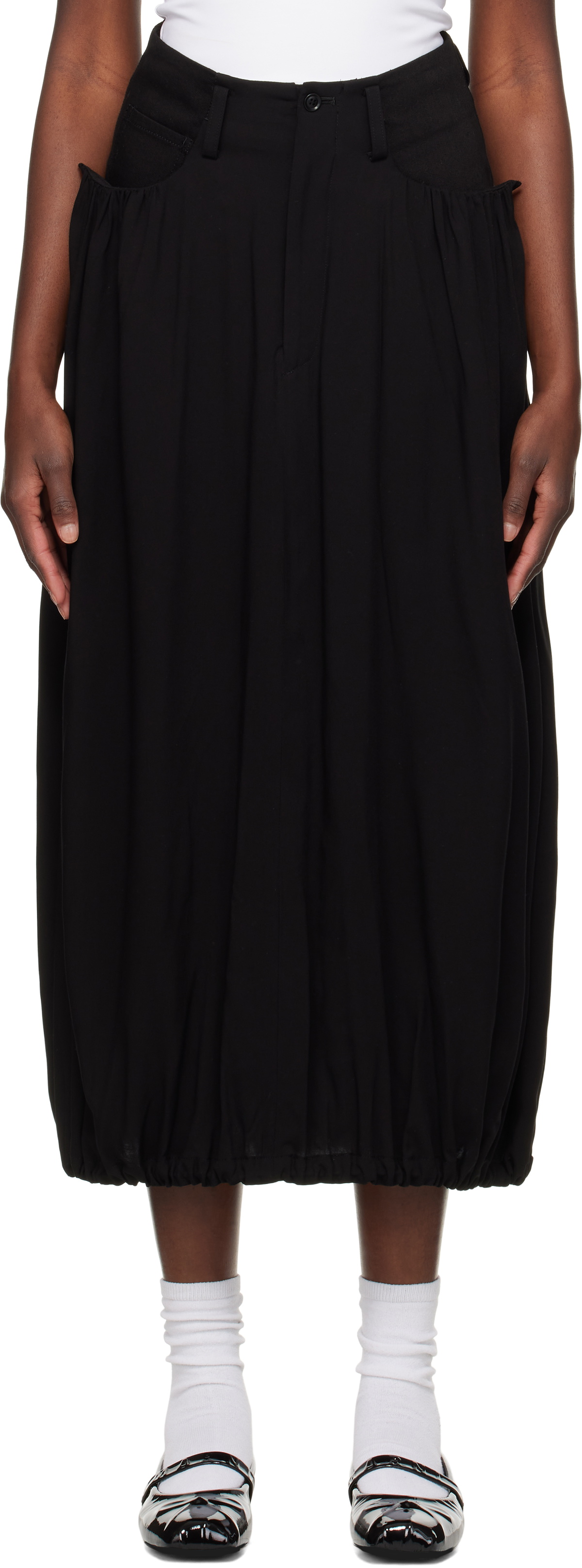 Y's Black Combination Denim Maxi Skirt