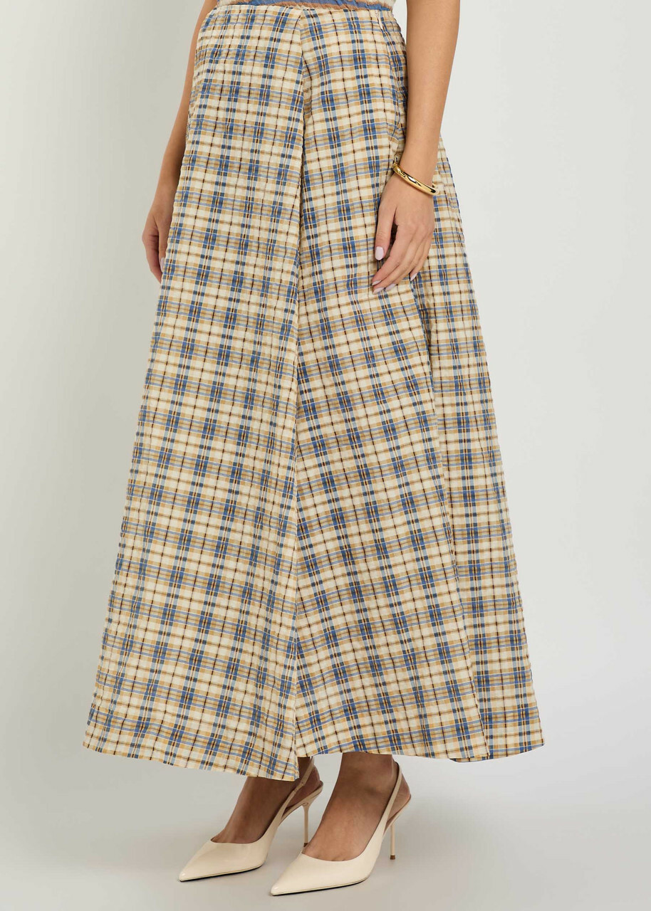 Bernadette Kennedy Plaid Seersucker Maxi Skirt Beige