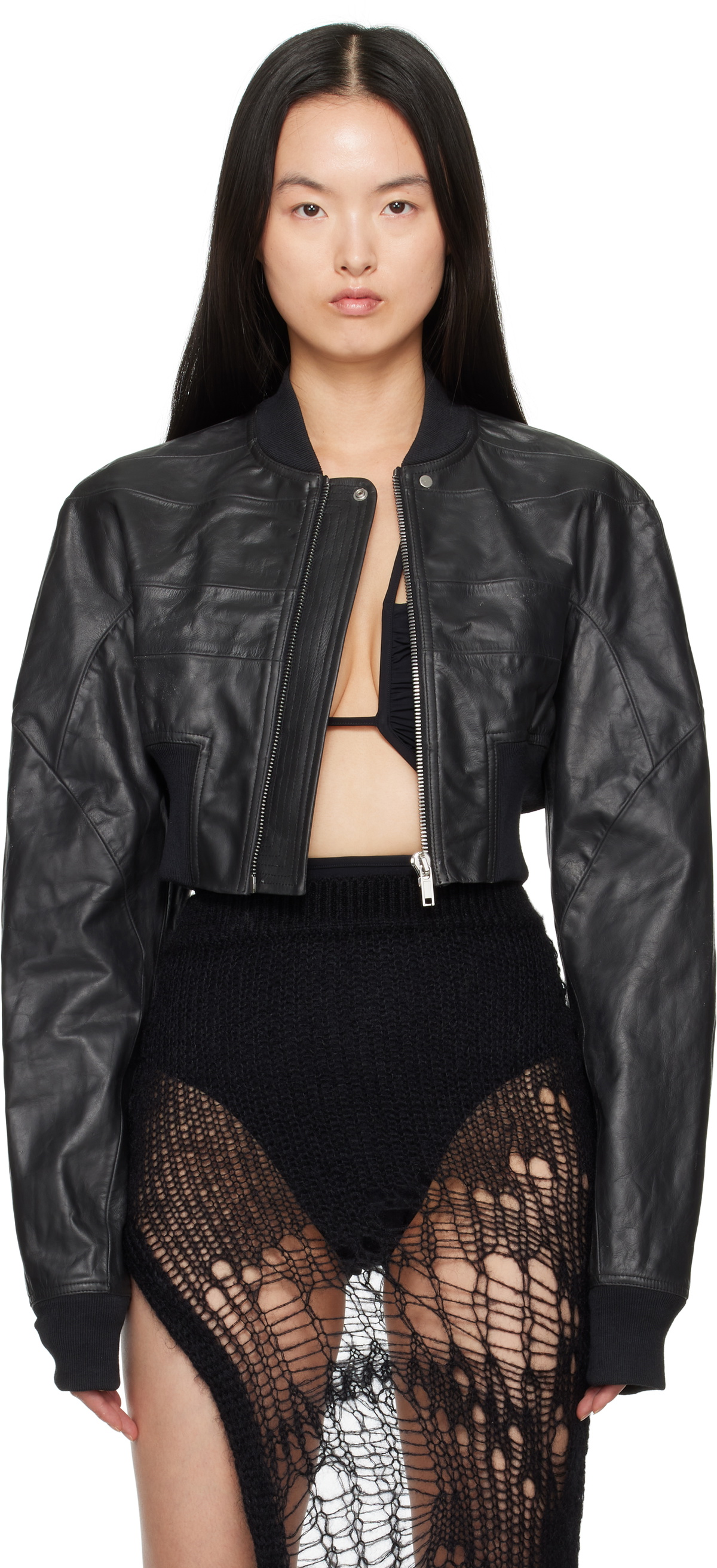 Rick Owens Black Hollywood Girdered Cropped Leather Bomber Jacket 
