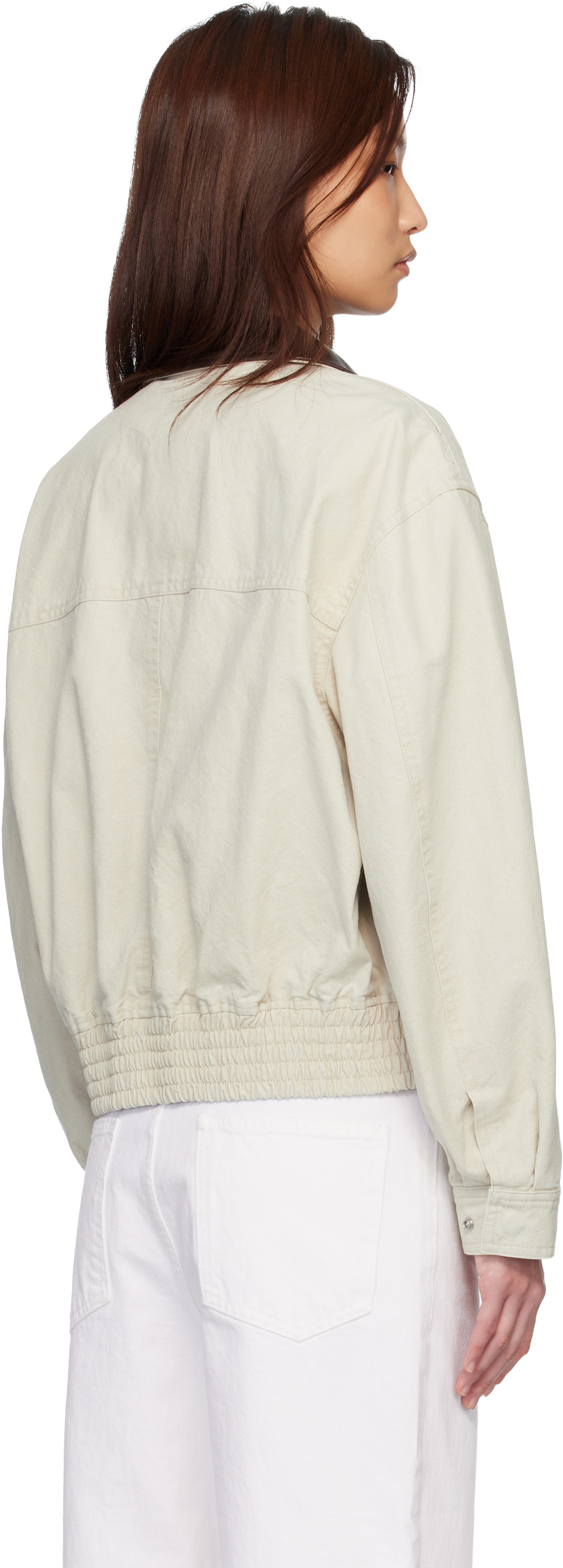 COOR Beige Leather Collar Washed Cationized Bomber Jacket
