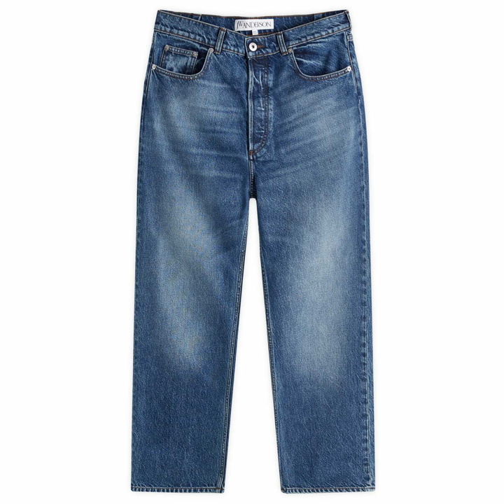 Photo: JW Anderson Men's Cropped Straight Leg Jeans in Mid Blue Denim