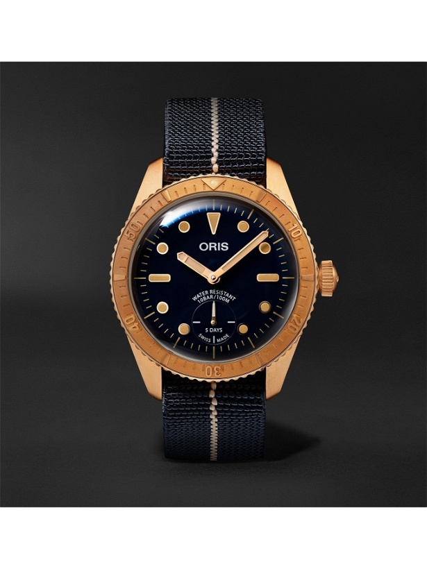 Photo: ORIS - Carl Brashear Limited Edition Automatic 40mm Bronze and MN Stretch-Nylon Webbing Watch, Ref. No. 01 401 7764 3185-Set - Blue