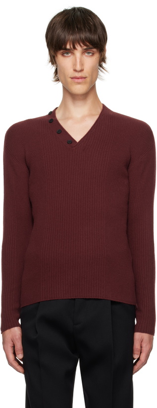 Photo: Lanvin Burgundy Ribbed V-Neck Sweater