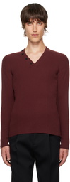 Lanvin Burgundy Ribbed V-Neck Sweater
