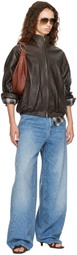 ssstein Brown Stand Collar Sheep Leather Jacket