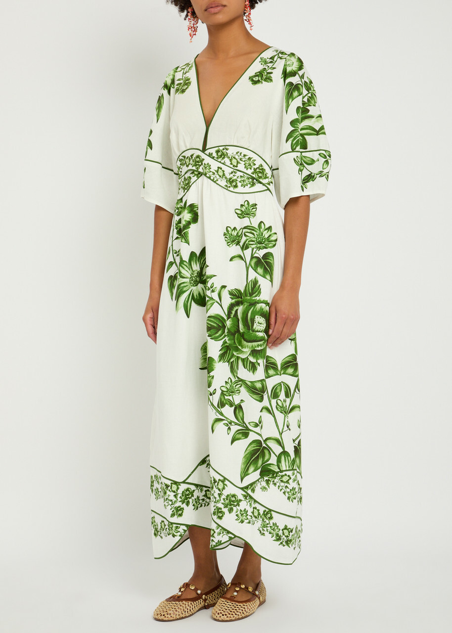 Farm Rio Floral-print Linen-blend Maxi Dress Green