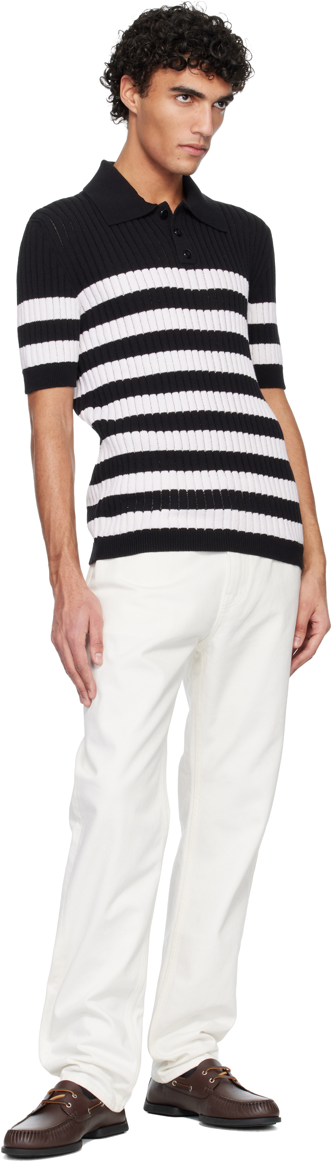 Balmain Black & White Marinière Ribbed Cotton Knit Polo