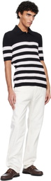Balmain Black & White Marinière Ribbed Cotton Knit Polo