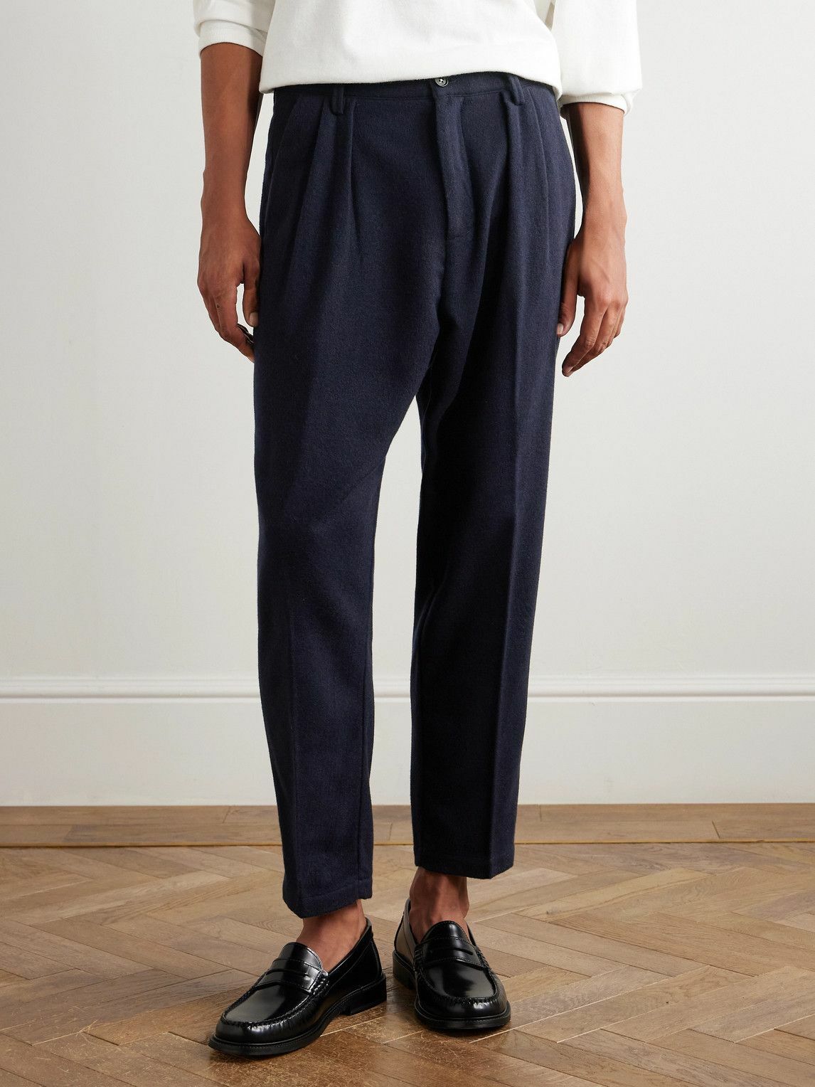 Massimo Alba - Tapered Pleated Virgin Wool and Cotton-Blend Trousers - Blue