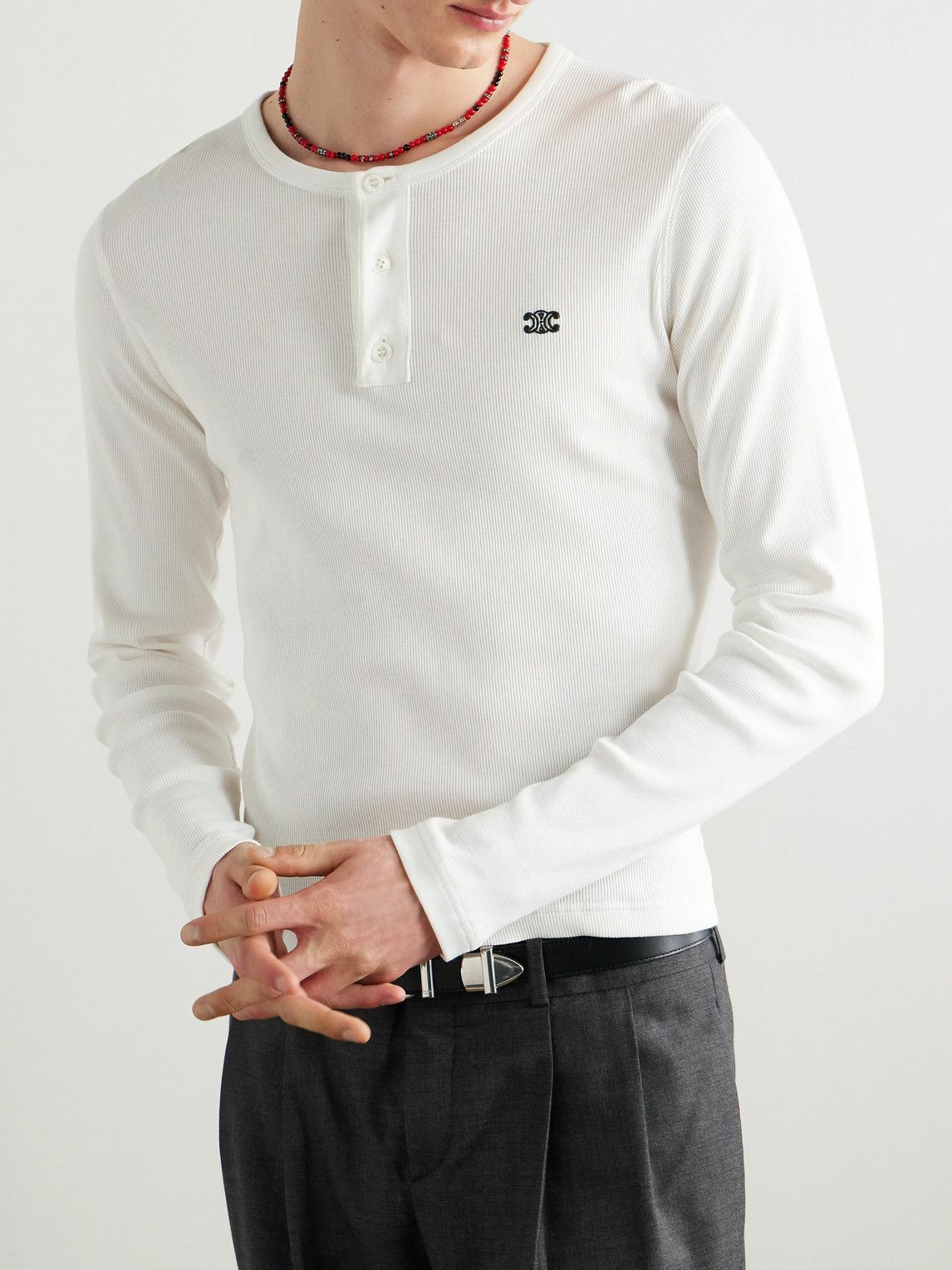 CELINE - Logo-Embroidered Ribbed Cotton-Jersey Henley T-Shirt
