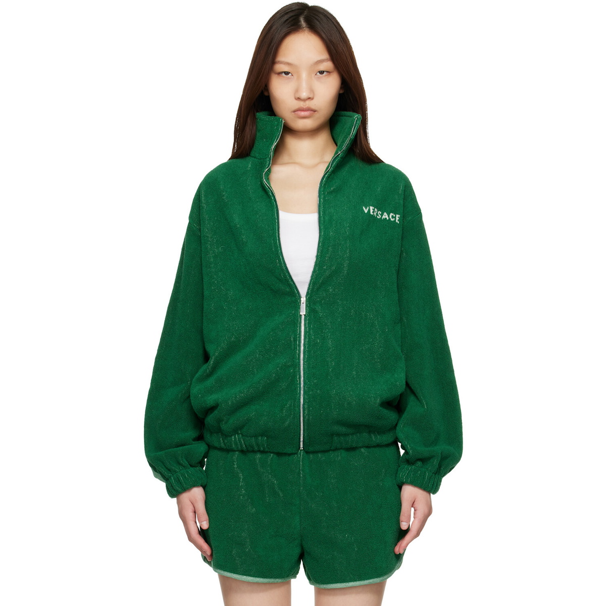 Versace Green Cotton-Terry Jacquard Zip Jacket
