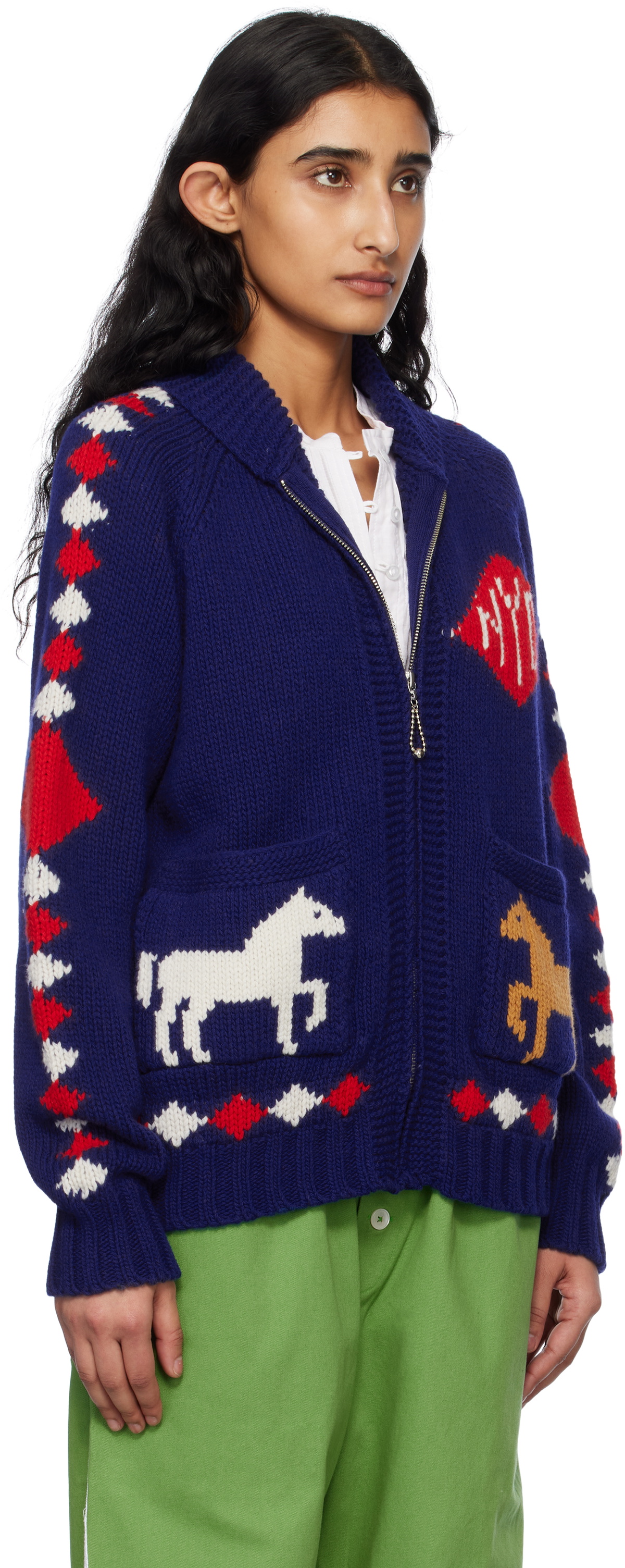 Bode Navy Diamond Corral Cardigan