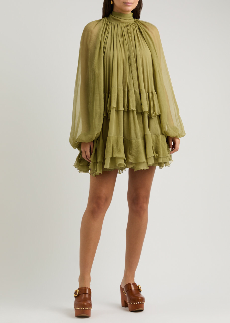 Chloe Ruffled Silk-georgette Mini Dress Green Olive
