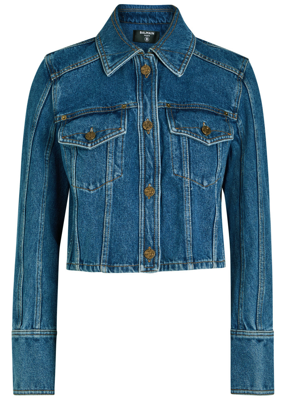 Balmain Cropped Denim Jacket Dark Blue