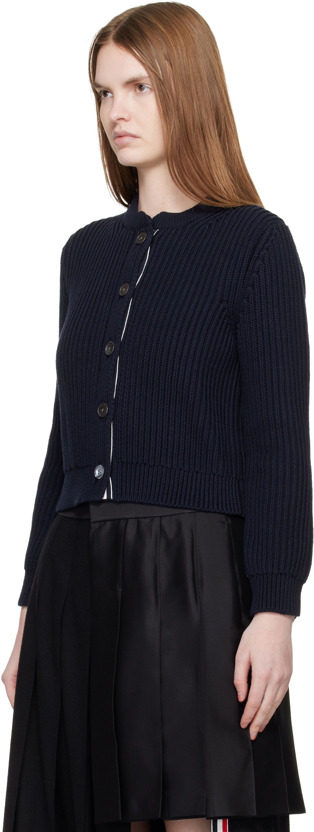 Thom Browne Navy Full Stitch Cropped Crew Neck Cardigan
