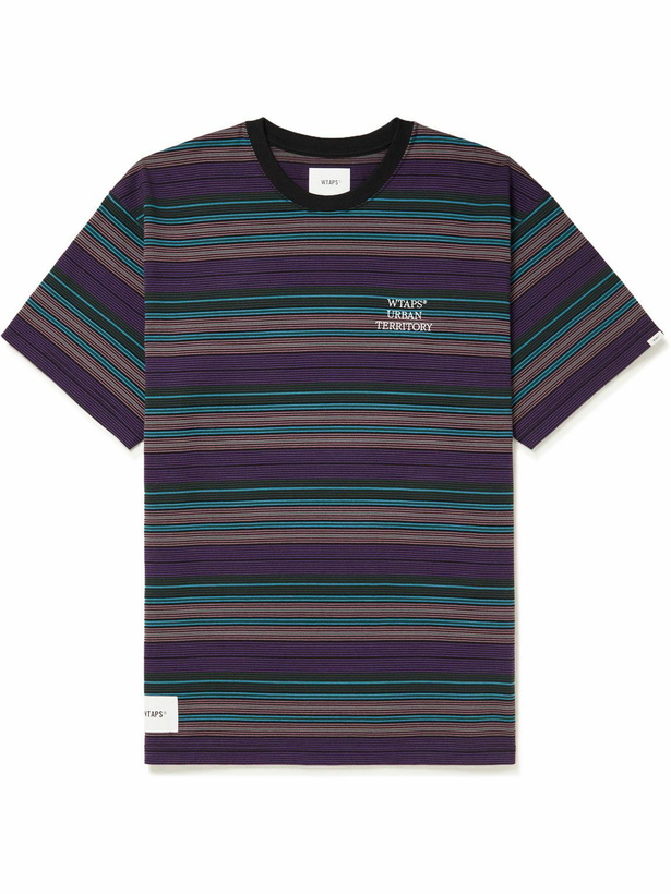 Photo: WTAPS - Logo-Embroidered Striped Cotton-Jersey T-Shirt - Purple