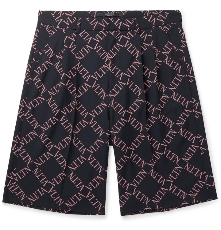 Photo: Valentino - Pleated Logo-Print Wool and Mohair-Blend Shorts - Blue
