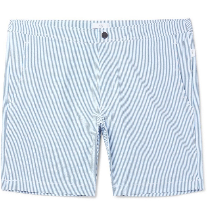 Photo: Onia - Calder Long-Length Striped Seersucker Swim Shorts - Men - Light blue