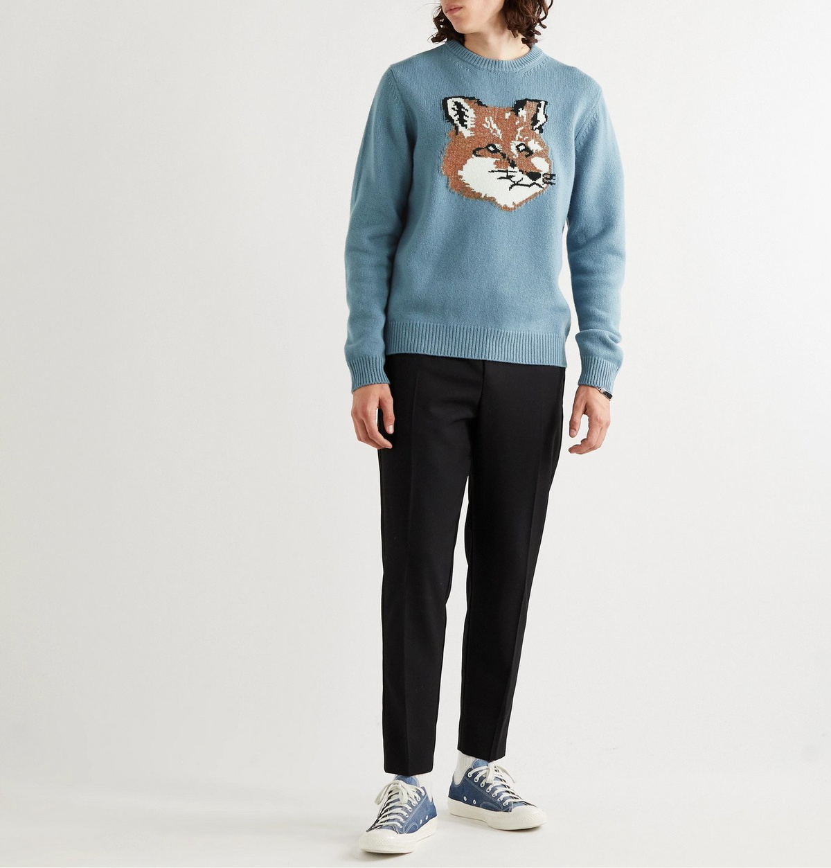 Maison Kitsuné Blue Wool Blend Fox Intarsia Sweater for Men