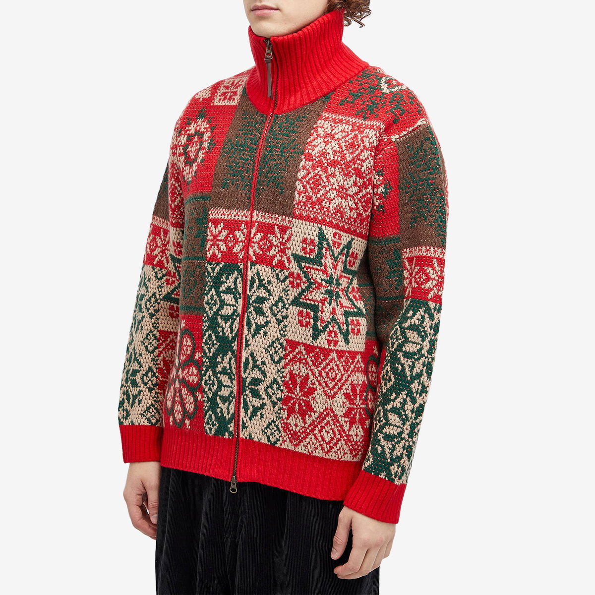 Beams Plus Men's Jacquard Patchwork Zip Cardigan in Red Beams Plus