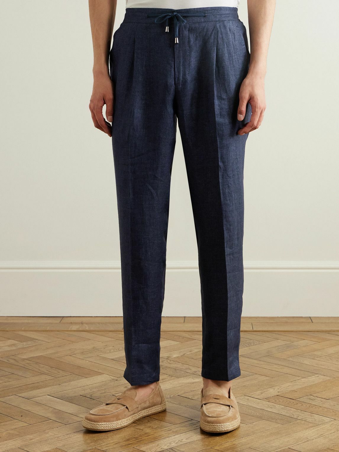 De Petrillo - Straight-Leg Pleated Linen Drawstring Trousers - Blue